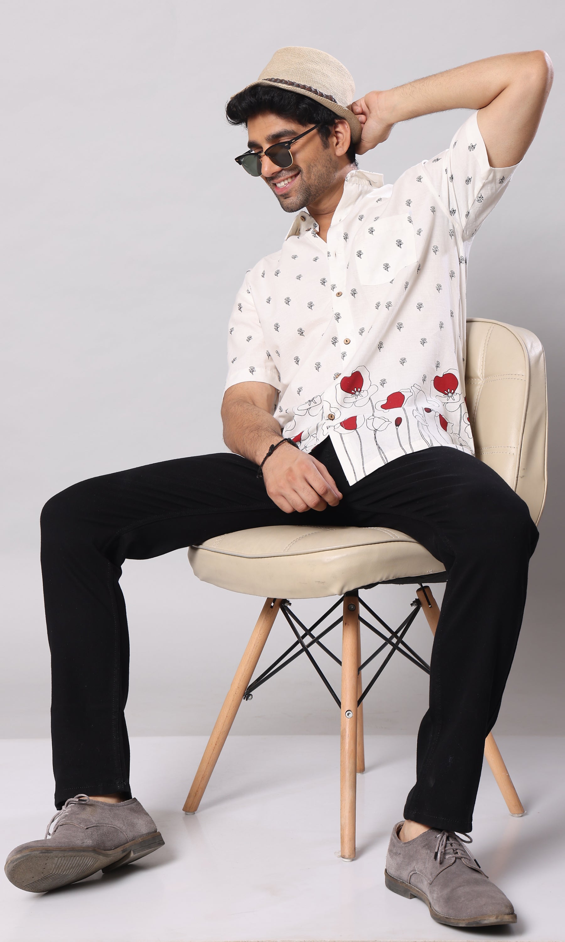 Red Canna - White Floral Print